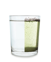Glass of clean and dirty water on white background