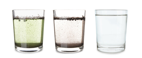 Glasses with clean and dirty water on white background