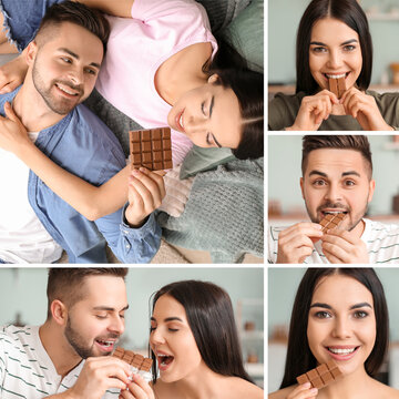 Collage of photos with beautiful young couple eating tasty chocolate at home