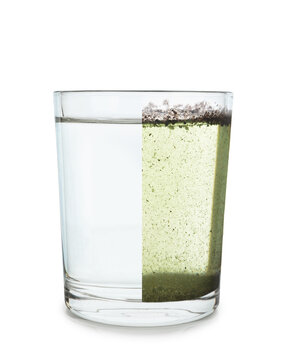 Glass of clean and dirty water on white background