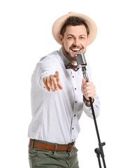 Handsome man singing against white background