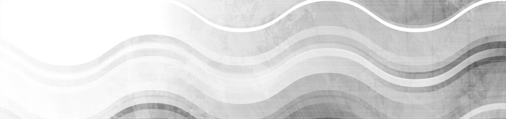 Grey geometric wavy stripes abstract tech grunge banner design. Vector background