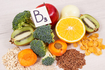 Natural products containing vitamin PP, B3, dietary fiber and minerals, healthy nutrition concept