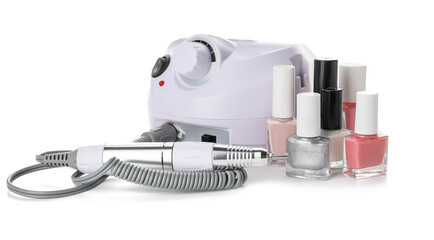 Supplies for manicure on white background