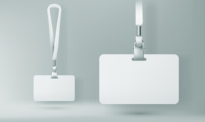 Clear plastic badge id card with white neck lanyard. Realistic vector illustration