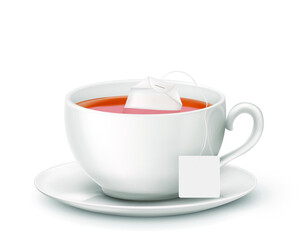 black tea with hot tea and tea bag in white cup. Vector illustration