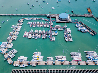 Fototapeta na wymiar High angle view from the drone of the mooring on the east side of Phuket