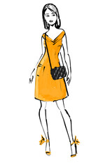 fashion Illustration: a young beautiful woman in a mustard yellow dress 