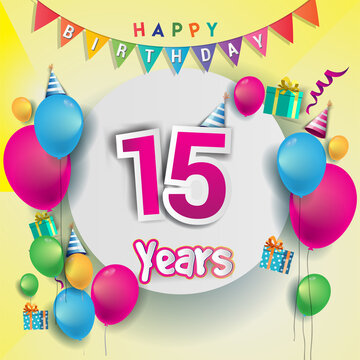 15th Anniversary Celebration, birthday card or greeting card design with gift box and balloons, Colorful vector elements for birthday celebration party.