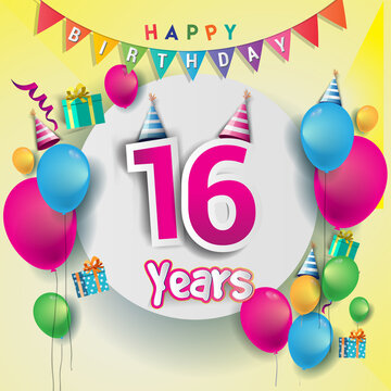 16th Anniversary Celebration, birthday card or greeting card design with gift box and balloons, Colorful vector elements for birthday celebration party.