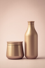 Brown flacon of shampoo and plastic jar of mask, copy space. Set of cosmetic bottles with empty place for text. Beauty products. Hair care concept.