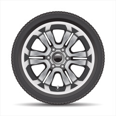 Realistic car wheel alloy with black rubber on white background vector illustration.