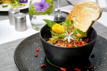Healthy organic quinoa salad, Modern creative restaurant meal, exquisite dish, haute couture food	