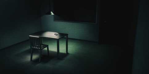 Dramatic lit scene of a police interrogation room / 3D rendering, illustration - 354494891