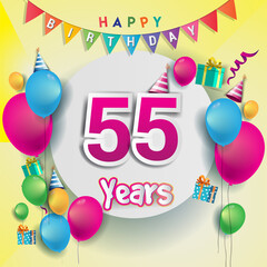 55th Anniversary Celebration, birthday card or greeting card design with gift box and balloons, Colorful vector elements for birthday celebration party.