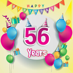 56th Anniversary Celebration, birthday card or greeting card design with gift box and balloons, Colorful vector elements for birthday celebration party.