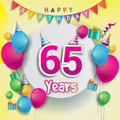 65th Anniversary Celebration, birthday card or greeting card design with gift box and balloons, Colorful vector elements for birthday celebration party.