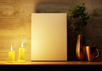 Empty book with hard cover on a wooden background with candlelight. Advertising the publication of the book. Night interior of a country house. 3D rendering.