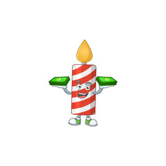 A cheerful candle cartoon mascot design having some money on hands