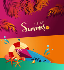 Fototapeta na wymiar Hello Summer/tropical purple and yellow hot colorful concept with surfboard, life buoy, starfish, seashell, splash water, plam leaf with text. For template, banner, billboard,label tag summer sale.