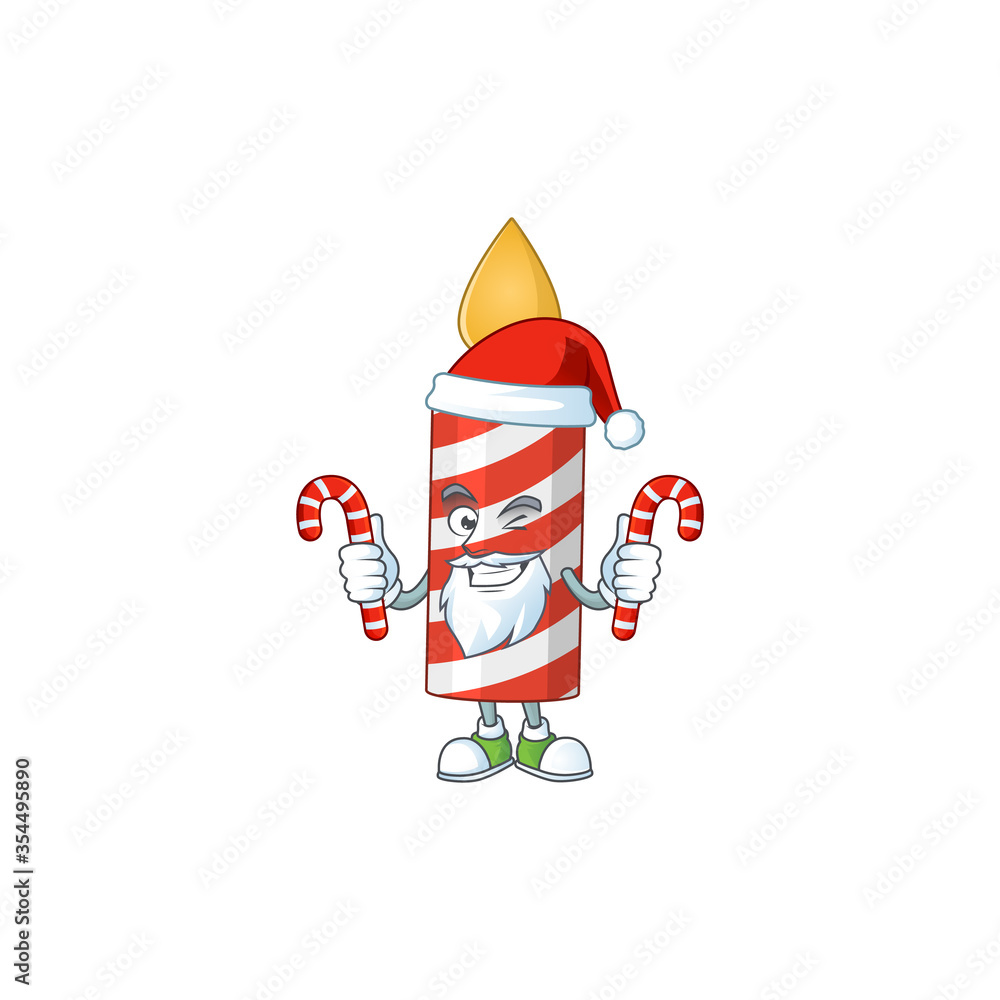 Wall mural cartoon character of candle as a santa having candies