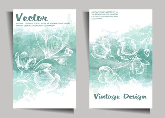 Vintage design with flowers on a watercolor background. Cover, stencil for notebook design,
books, notebooks, postcards, invitations. Vector with retro cherry blossom.