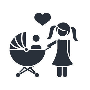 little daughter with baby in pram family day, icon in silhouette style