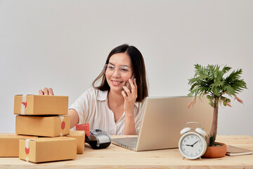 Fototapeta na wymiar Young woman online seller working from home