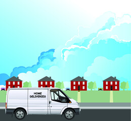 Van making a home delivery to a detached house on an urban residential street