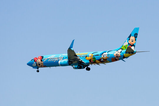 Aug 31, 2019 San Francisco / CA / USA - Alaka Airlines aircraft preparing for landing at SFO; The Spirit of Disneyland plane was launched in tribute to the long-term partnership with Disneyland Resort