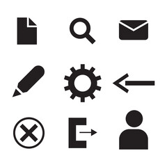 Computer Digital Icons Symbols. Set of file search mail email pen edit settings gear arrow back exit close escape user person isolated on a white background. EPS Vector