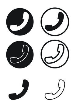 Phone Call Sign Icon Symbol Outline. A Set Of Various Black And White Phone Icon And Outline Isolated On A White Background. EPS Vector