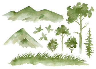 Watercolor hand painted mountains, fields, evergreen trees, birds. Illustration with green landscape elements isolated on white background. Drawing for travel, hiking purposes, textile, prints, poster - obrazy, fototapety, plakaty