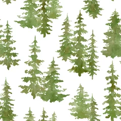 Wallpaper murals Forest Watercolor seamless pattern with greren foggy forest. Evergreen fir trees. Hand drawn background with landscape. Natural, ecological, tourism and hiking theme