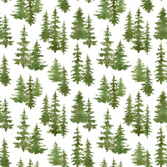 Watercolor seamless pattern with greren foggy forest. Evergreen fir trees. Hand drawn background with landscape. Natural, ecological, tourism and hiking theme