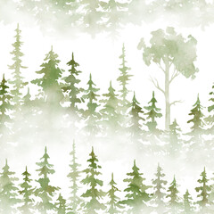 Obraz premium Watercolor seamless pattern with greren foggy forest. Evergreen fir trees. Hand drawn background with landscape. Natural, ecological, tourism and hiking theme