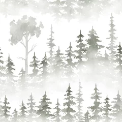 Wallpaper murals Forest Watercolor seamless pattern with foggy forest. Evergreen fir trees. Hand drawn background with landscape. Natural, ecological, tourism and hiking theme