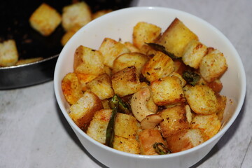 Bread upma, South Indian breakfast or snack made with letfover breads and spices, quick foods