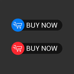 Buy now square shape black buttons with red and blue shopping carts on dark background. Vector illustration