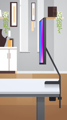 desktop computer monitor office workplace modern cabinet interior vertical vector illustration