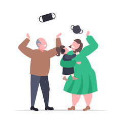 family throwing medical masks celebrating victory over coronavirus pandemic quarantine covid-19 is ending concept full length vector illustration