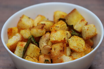 Bread upma, South Indian breakfast or snack made with letfover breads and spices, quick foods