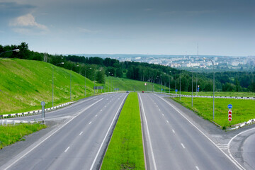 Fototapeta premium Two way highway road with junction and road signs. 