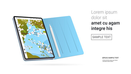 tablet with beautiful wallpaper on screen isolated on white background realistic mockup gadgets and devices concept horizontal copy space vector illustration