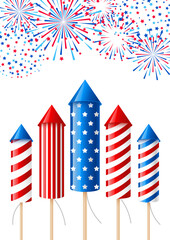 Independence day greeting card with firework rockets