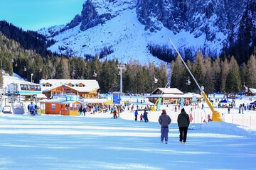 Alleghe, Italy, 01/20/2020 , Ski area at Piani di Pezzè, 1470 meters above sea level, gives immediate access to the ski Civetta area and is the ideal starting point to explore the Civetta massif.