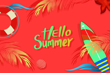 Fototapeta na wymiar Hello Summer tropical pink pastel color concept with surfboard, life buoy, starfish, seashell, wave and plam leaf and the beach. For template, banner, billboard, label tag summer sale.