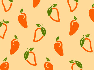 Mango fruits Vector Repeat seamless shape pattern on soft orange color backgorund. Great for fabric, packaging, wallpaper, invitations. Summer colorful tropical textile print.
