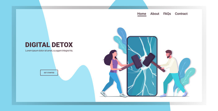 couple hitting smartphone screen with hammers digital detox rest from devices concept man woman abandoning internet and social networks horizontal full length copy space vector illustration