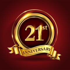 Celebrating 21st golden anniversary, Design Logo of Anniversary celebration with gold ring and golden ribbon.